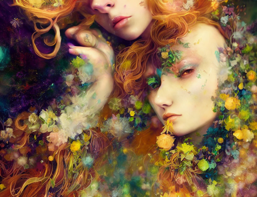 Ethereal figures with floral adornments in vibrant cosmic background