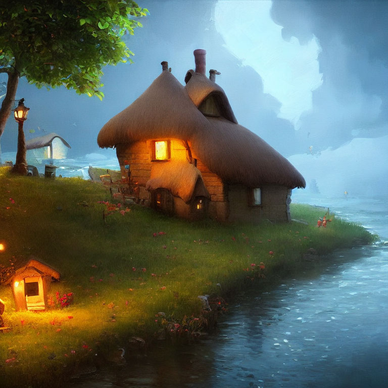 Thatched-Roof Cottage by Serene River at Dusk