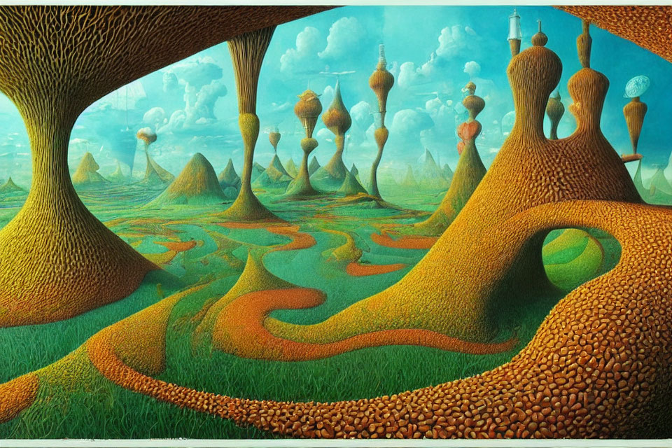 Fantastical landscape with oversized tree-like structures and winding paths