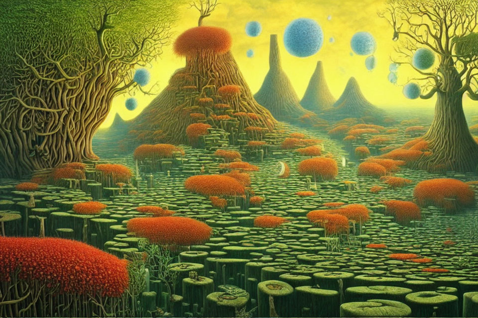 Fantastical landscape with tree-covered hills and floating blue orbs