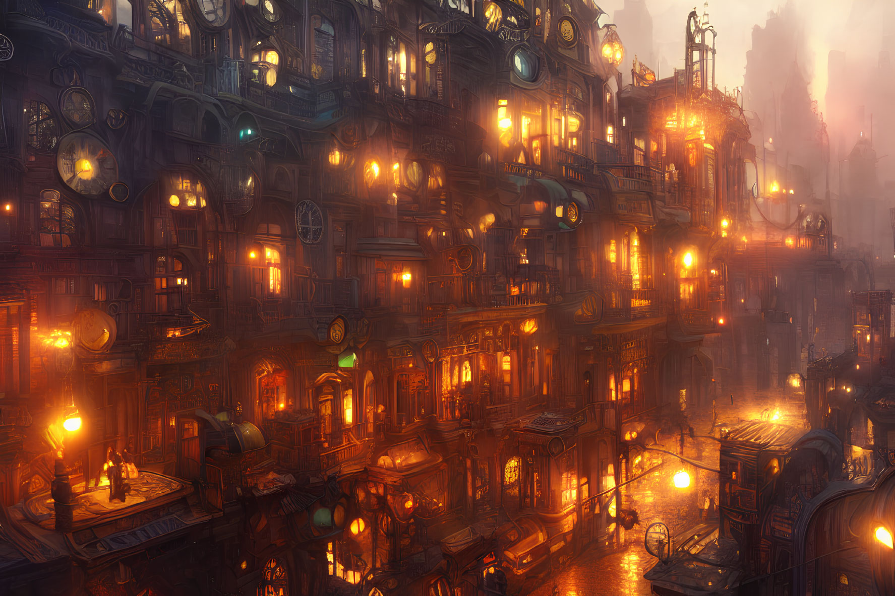 Steampunk cityscape at dusk: intricate buildings, amber lights, fog ambiance