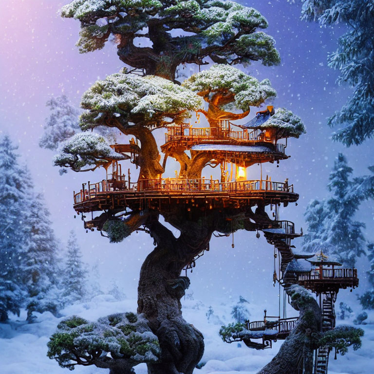 Enchanting treehouse with warm lights in snowy twilight