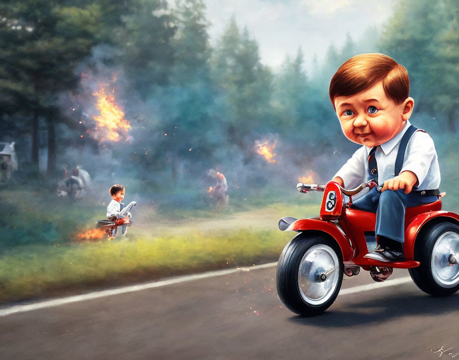 Digital painting: Small boy on toy motorcycle with exaggerated features and miniature versions cheering.