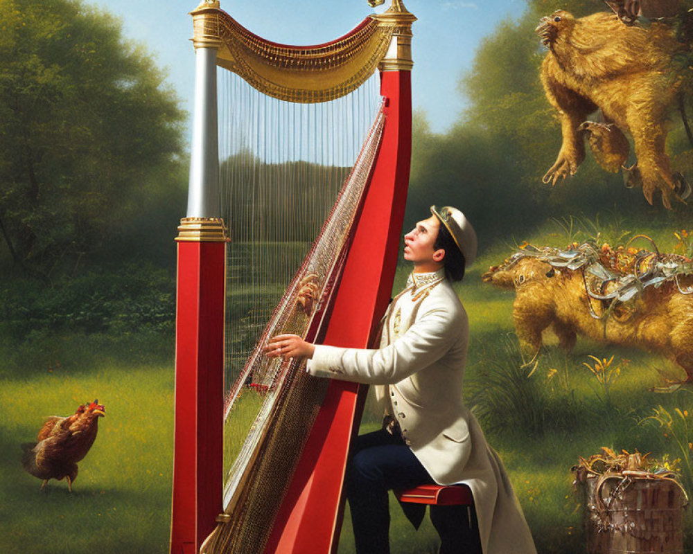 Person in white uniform plays large red harp in pastoral scene with fantastical creatures including winged lion