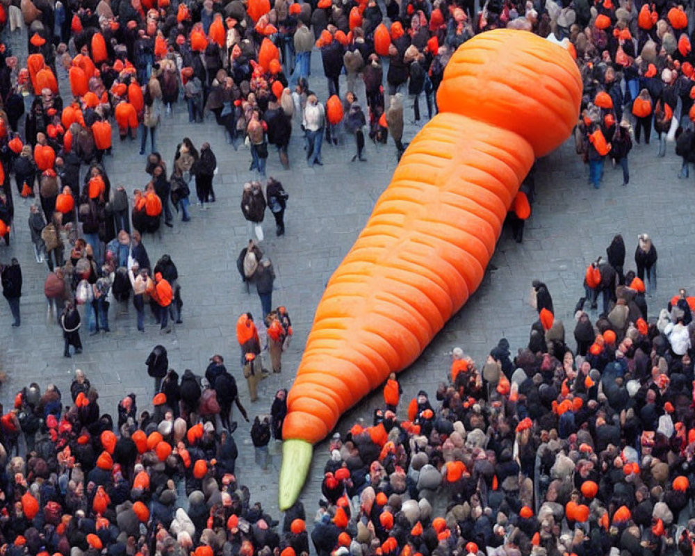 Inflatable carrot surrounded by crowd in orange attire