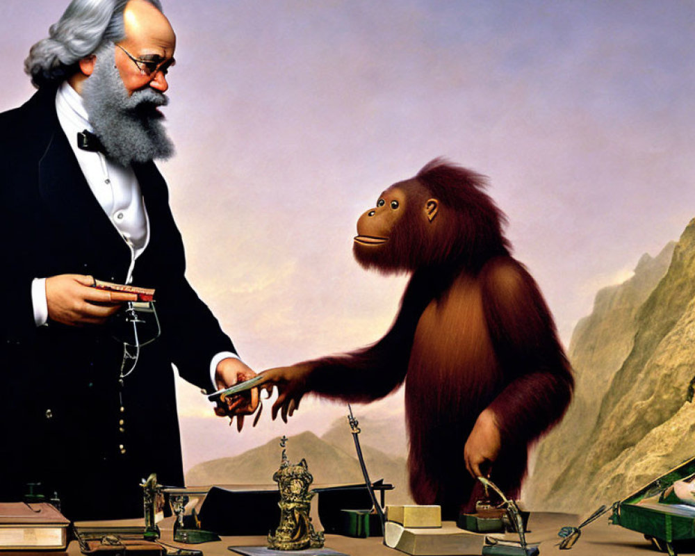 Bearded man with glasses shaking hands with orangutan in caricature