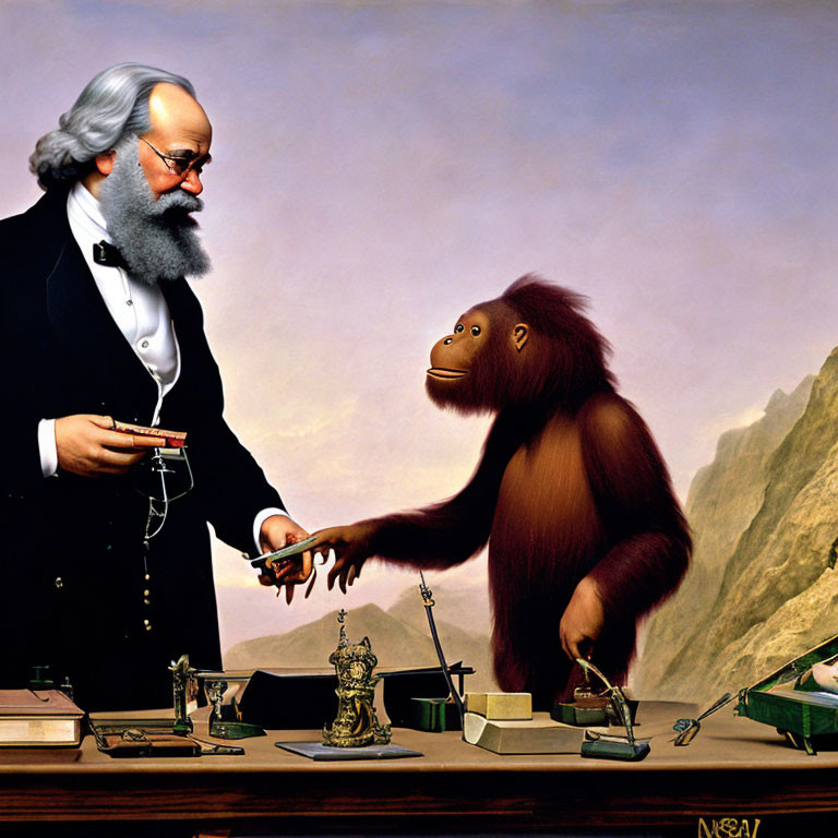 Bearded man with glasses shaking hands with orangutan in caricature