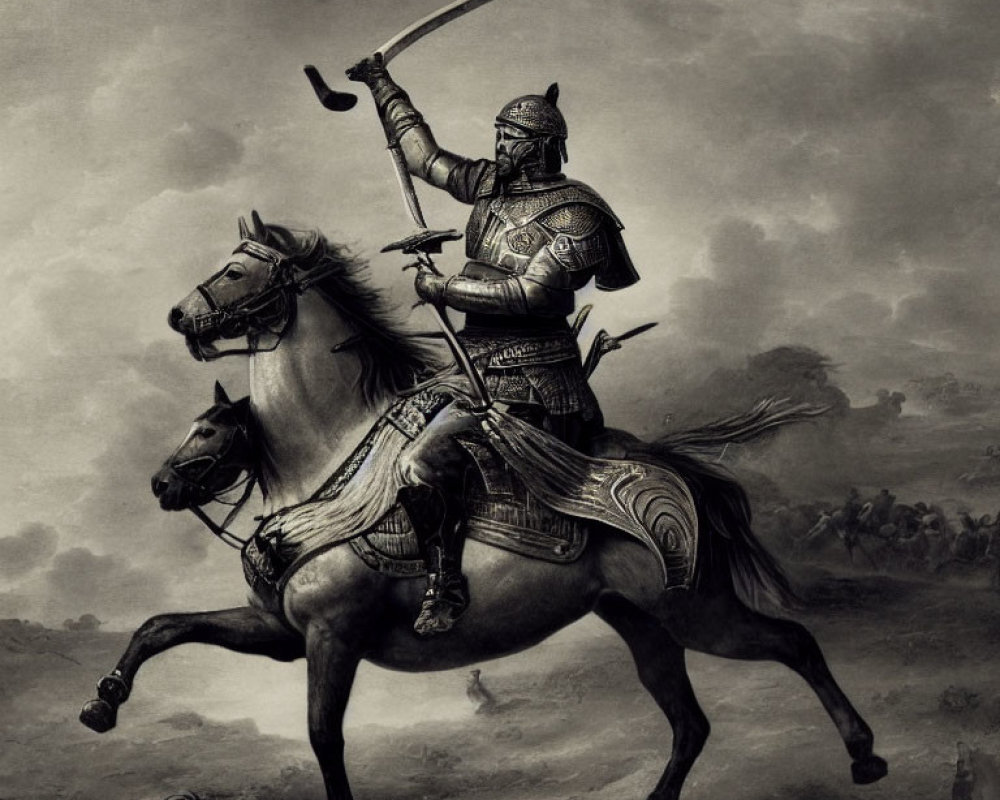 Monochromatic illustration of armored knight on horseback in battle