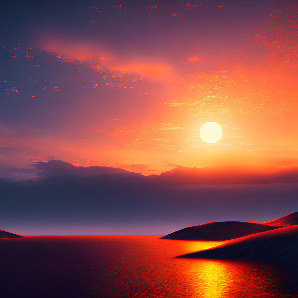 Scenic sunset with large sun over tranquil sea and fiery sky