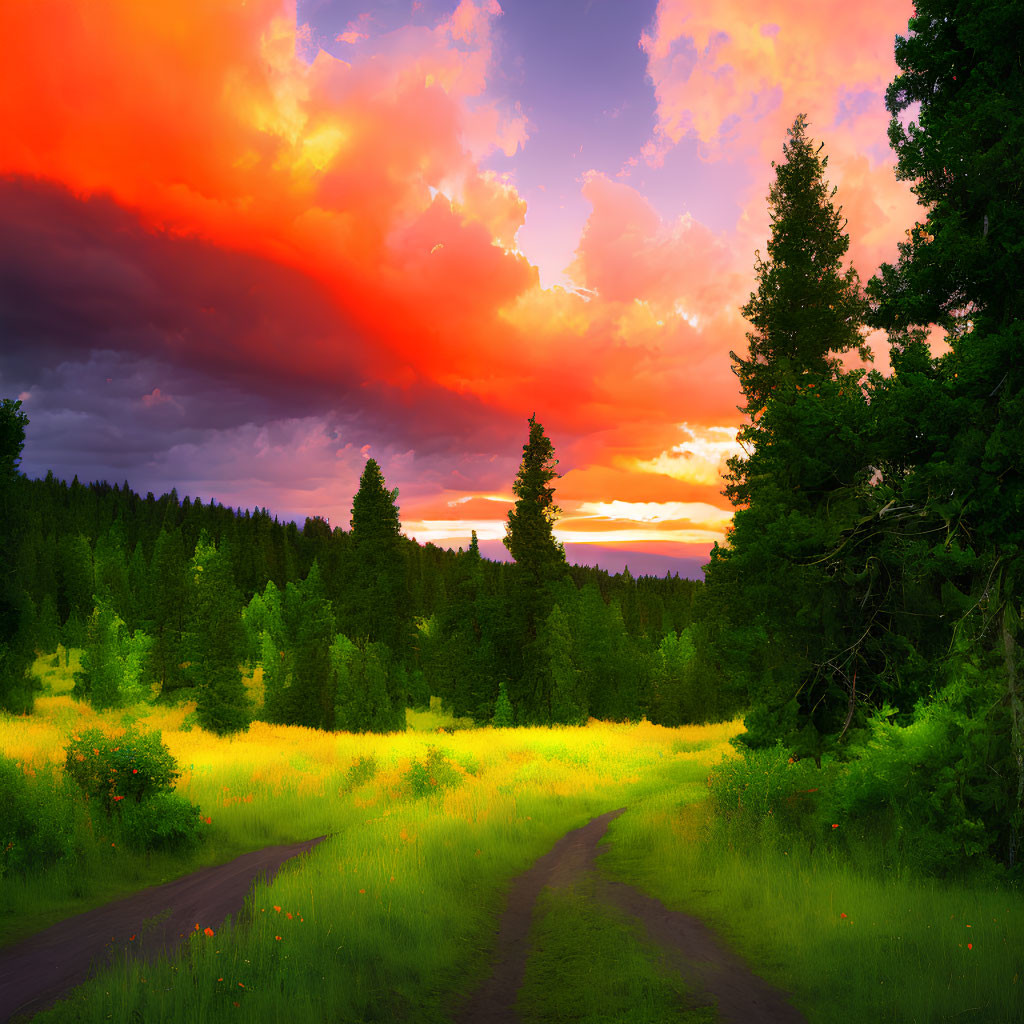 Colorful sunset over green meadow with forest and dirt path