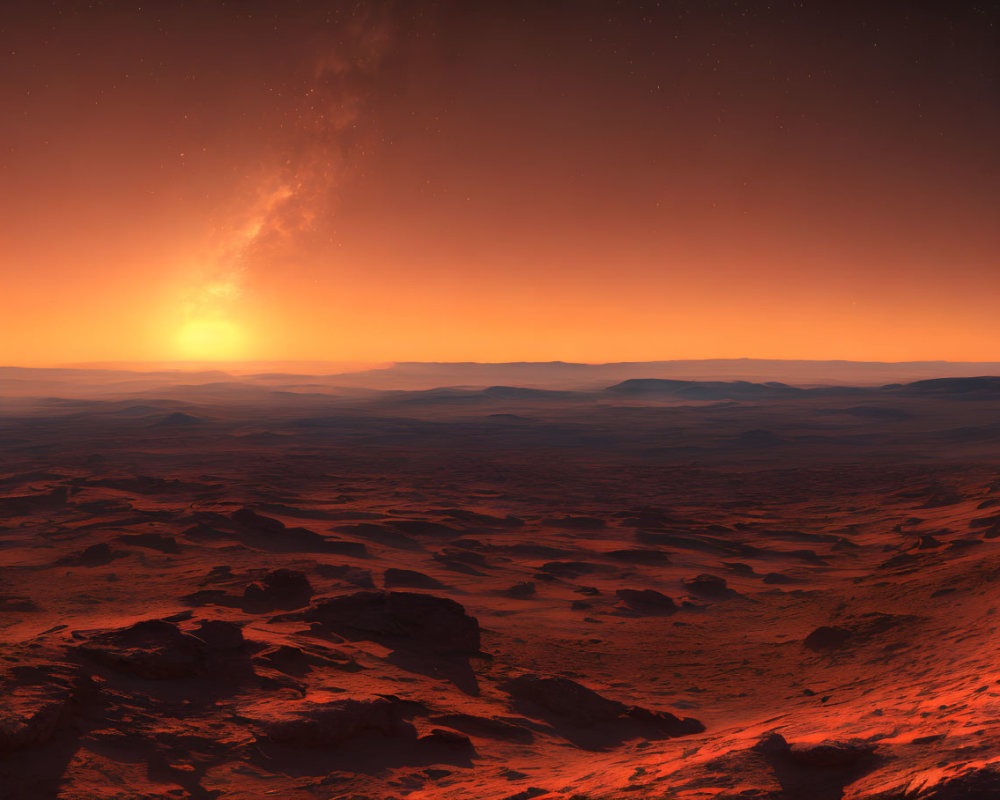 Red-hued Martian landscape at sunset with rocky terrain and starry sky
