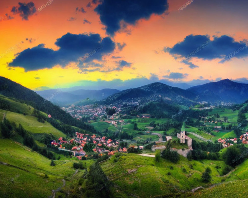 Panoramic View of Lush Valley Village at Dusk
