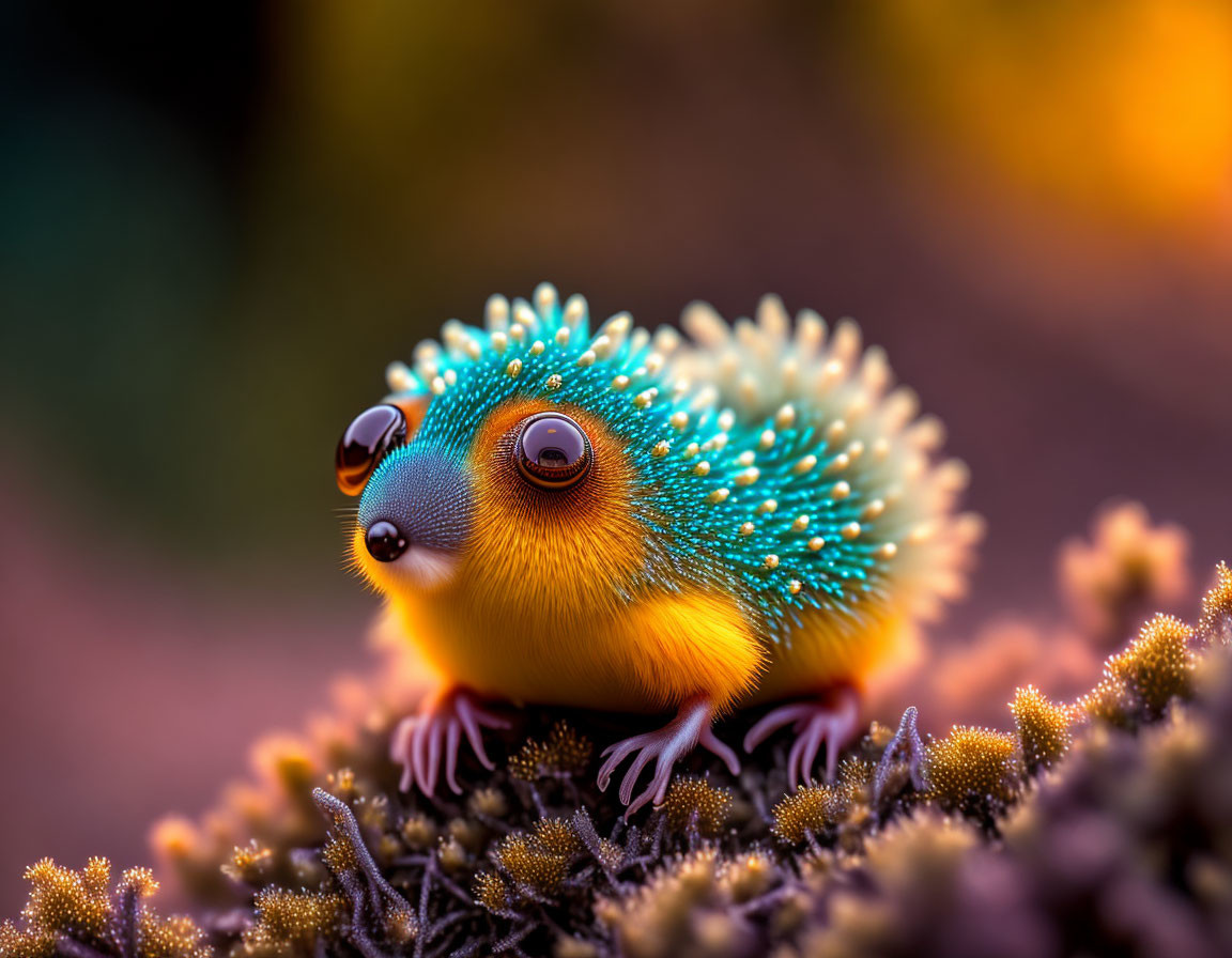 Colorful Spiky Quilled Creature on Textured Plant in Warm Setting
