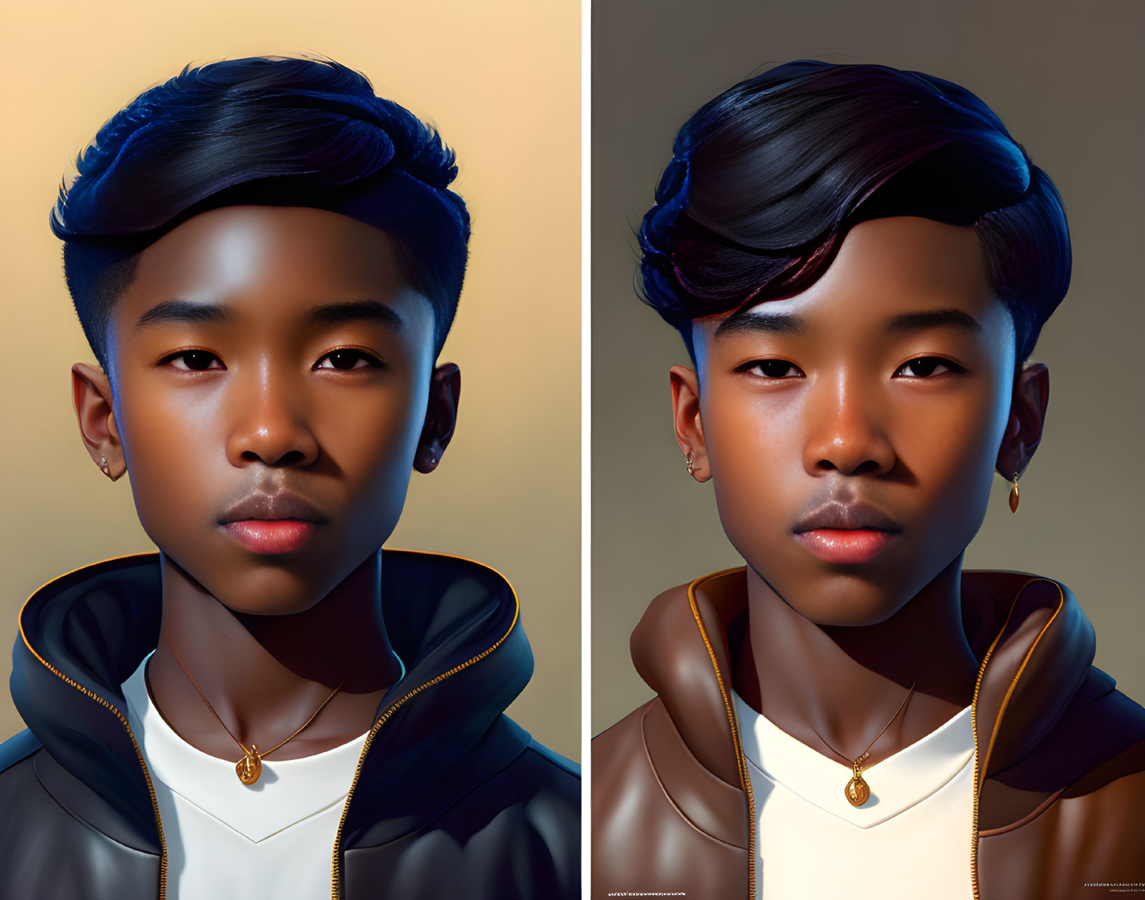Young person with stylized hair in two color schemes and detailed lighting effects