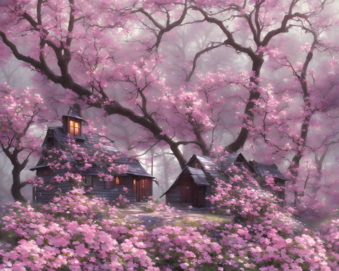 Cherry Blossom Forest with Cozy Woodland Cottages