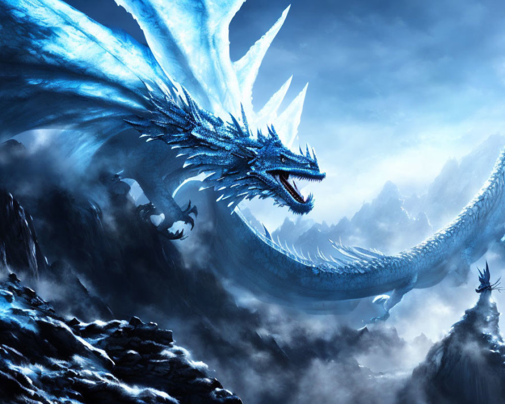 Blue dragon flying over icy mountains and dark skies