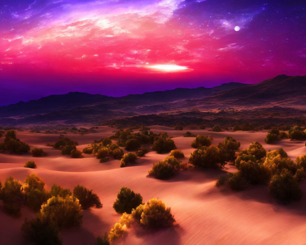 Twilight desert landscape with purple-pink starry sky and dunes