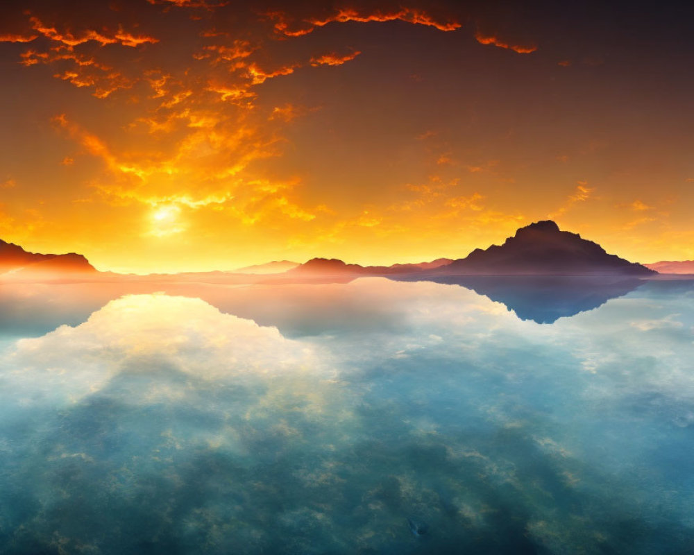 Tranquil mountain landscape at sunset with warm hues and mist-covered water