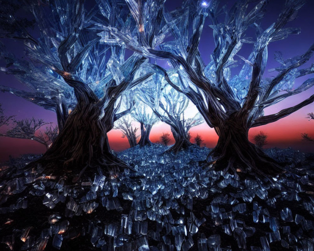 Fantasy landscape with crystal trees under twilight sky