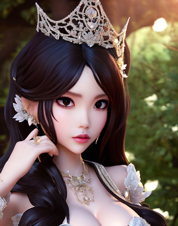 Animated character with large eyes wearing a crown and intricate jewelry in sunlit setting
