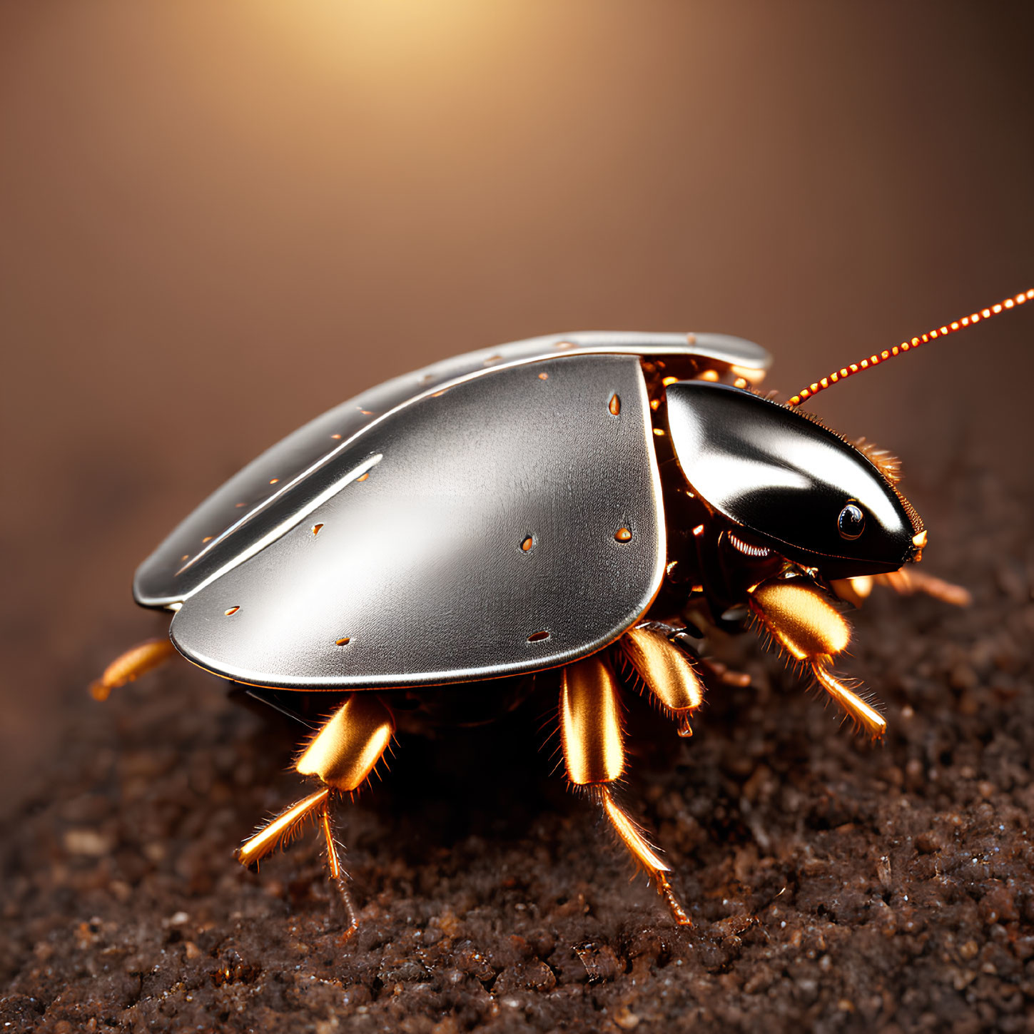 Metallic beetle with segmented body on earthy background under warm light