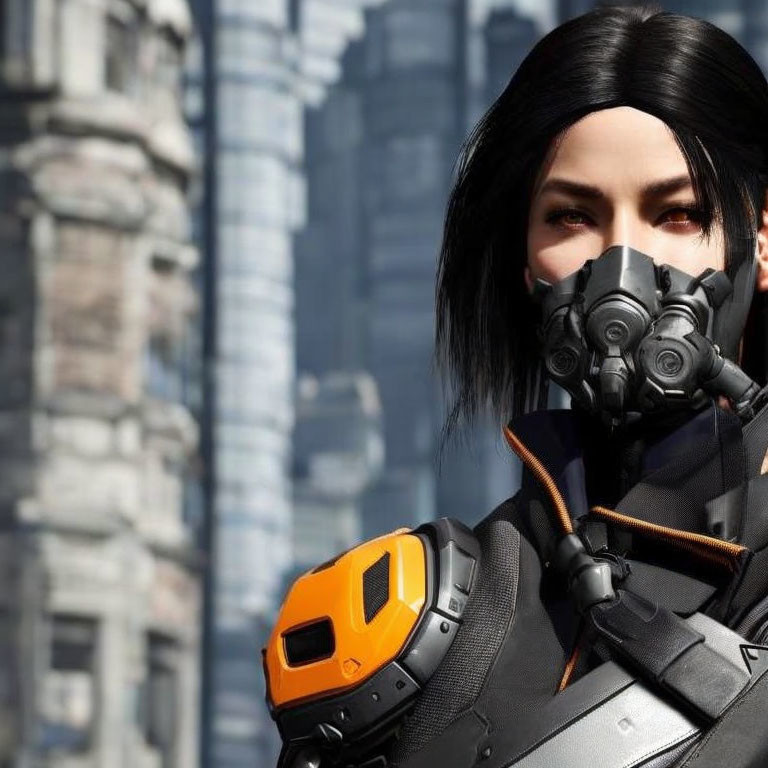 Futuristic character with black hair and mask in orange and gray combat suit