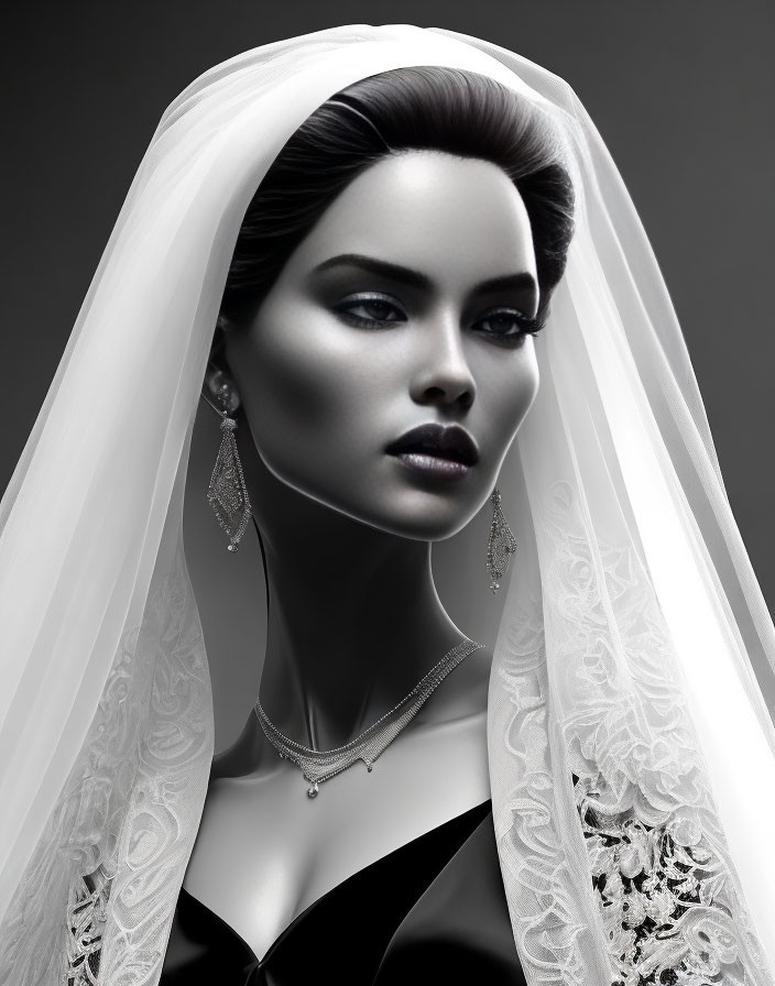 Monochrome bridal portrait with veil, dramatic makeup, and elegant jewelry