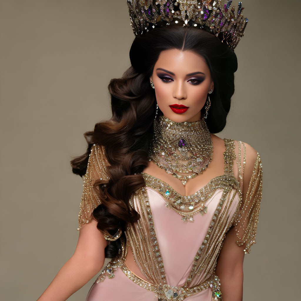 Elegant woman in lavish crown and gown with regal aura