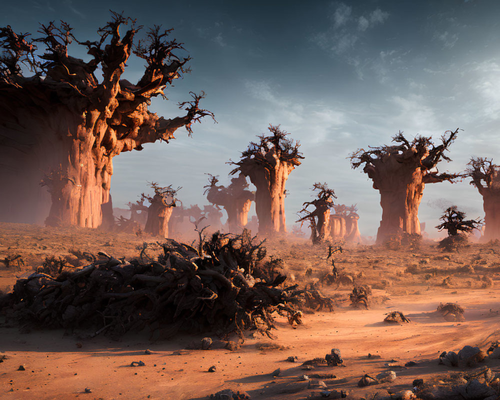 Eerie desert landscape with twisted trees at dawn or dusk