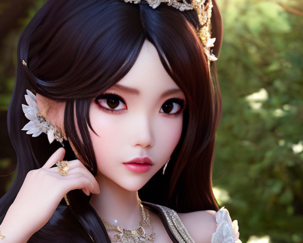 Animated character with large eyes wearing a crown and intricate jewelry in sunlit setting