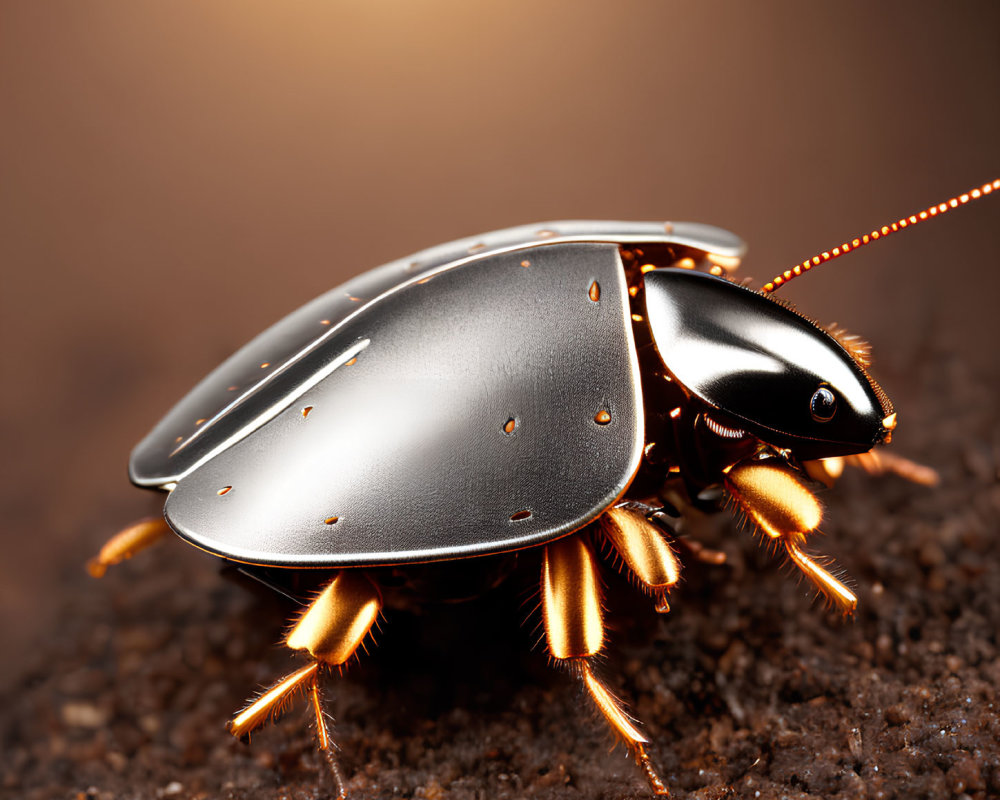 Metallic beetle with segmented body on earthy background under warm light