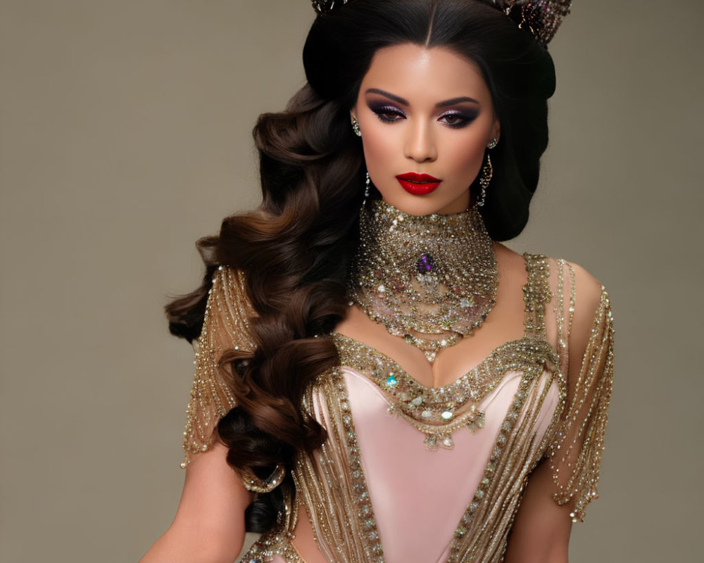 Elegant woman in lavish crown and gown with regal aura