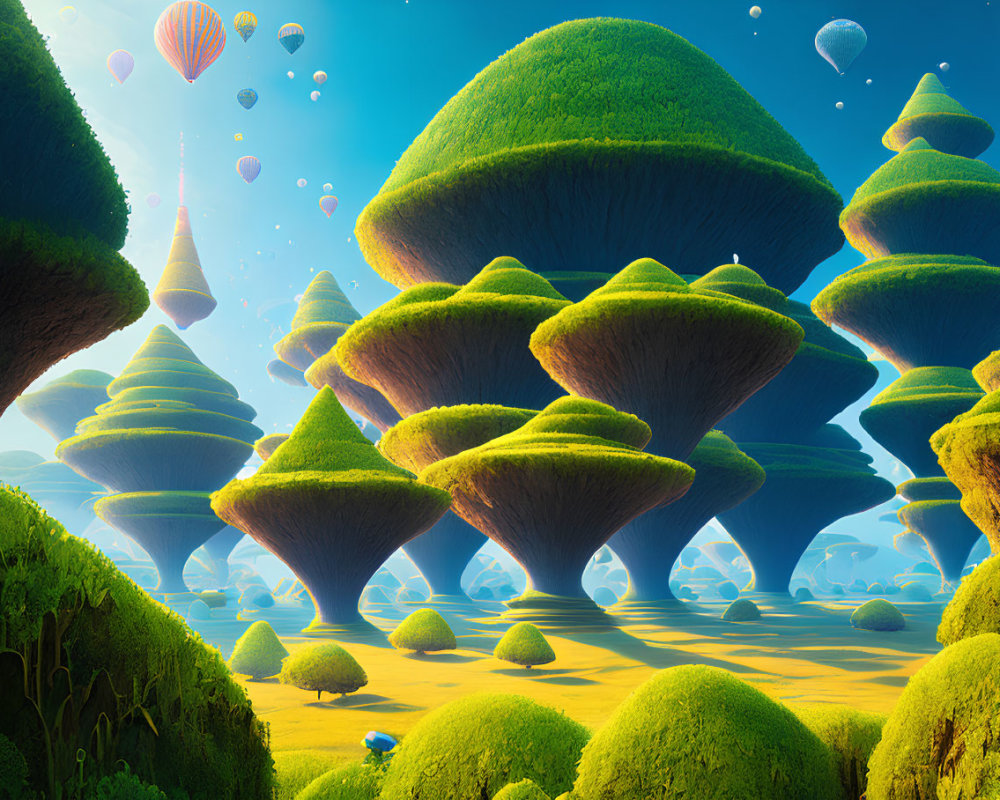 Colorful landscape with oversized mushroom trees and hot air balloons in sunny environment
