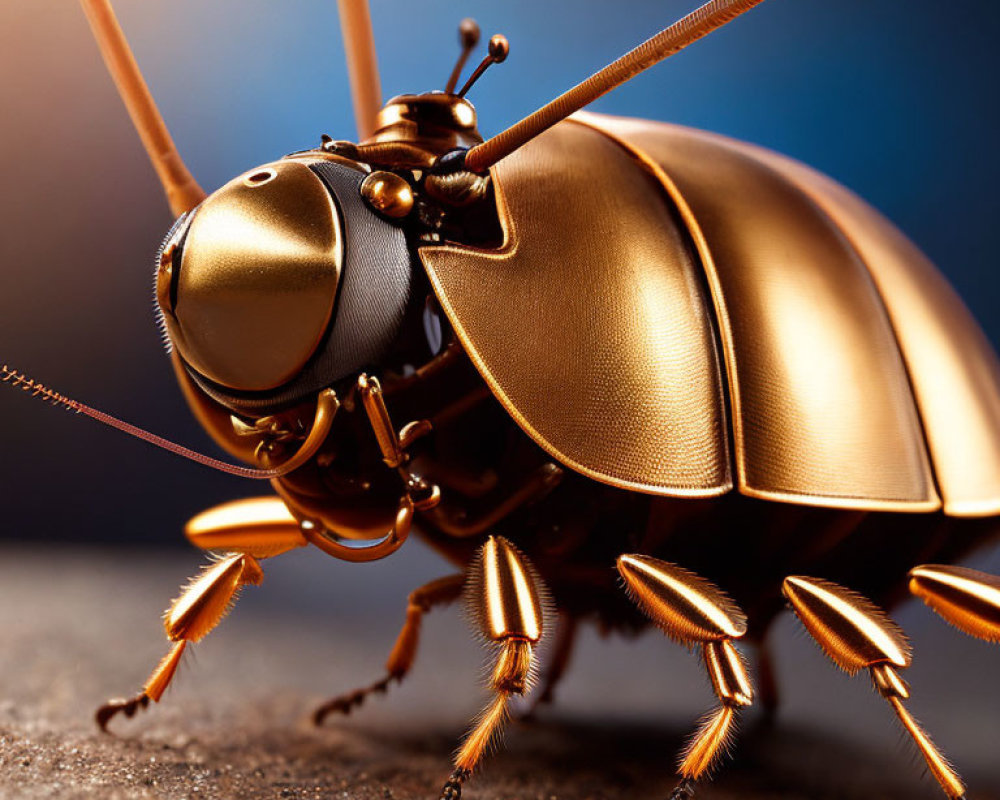 Detailed Metallic Golden Beetle on Blurry Blue Background