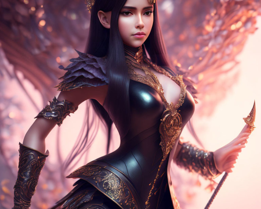 Fantasy female warrior digital artwork with golden armor and glowing wings