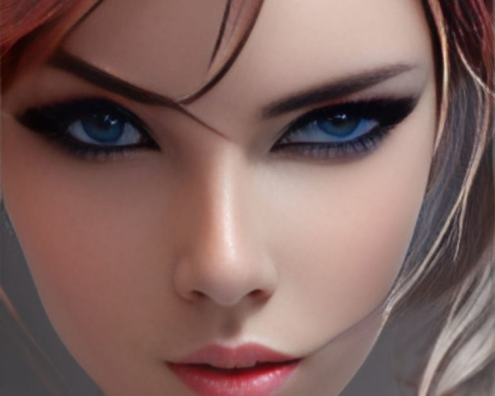 Female digital character with blue eyes and bold eyeliner on neutral background