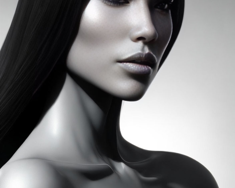Computer-generated image: Woman with long black hair, bold makeup, and silver sequined garment