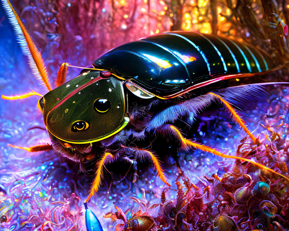 Colorful digital artwork: Beetle with glossy shell on fantastical background