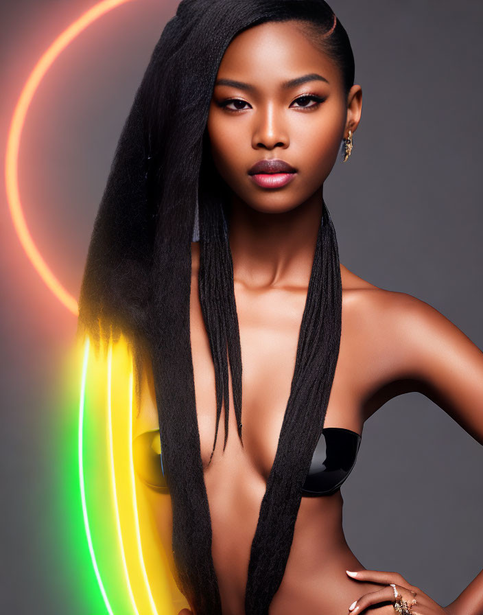 Confident woman with long braided hair in black top against neon lights