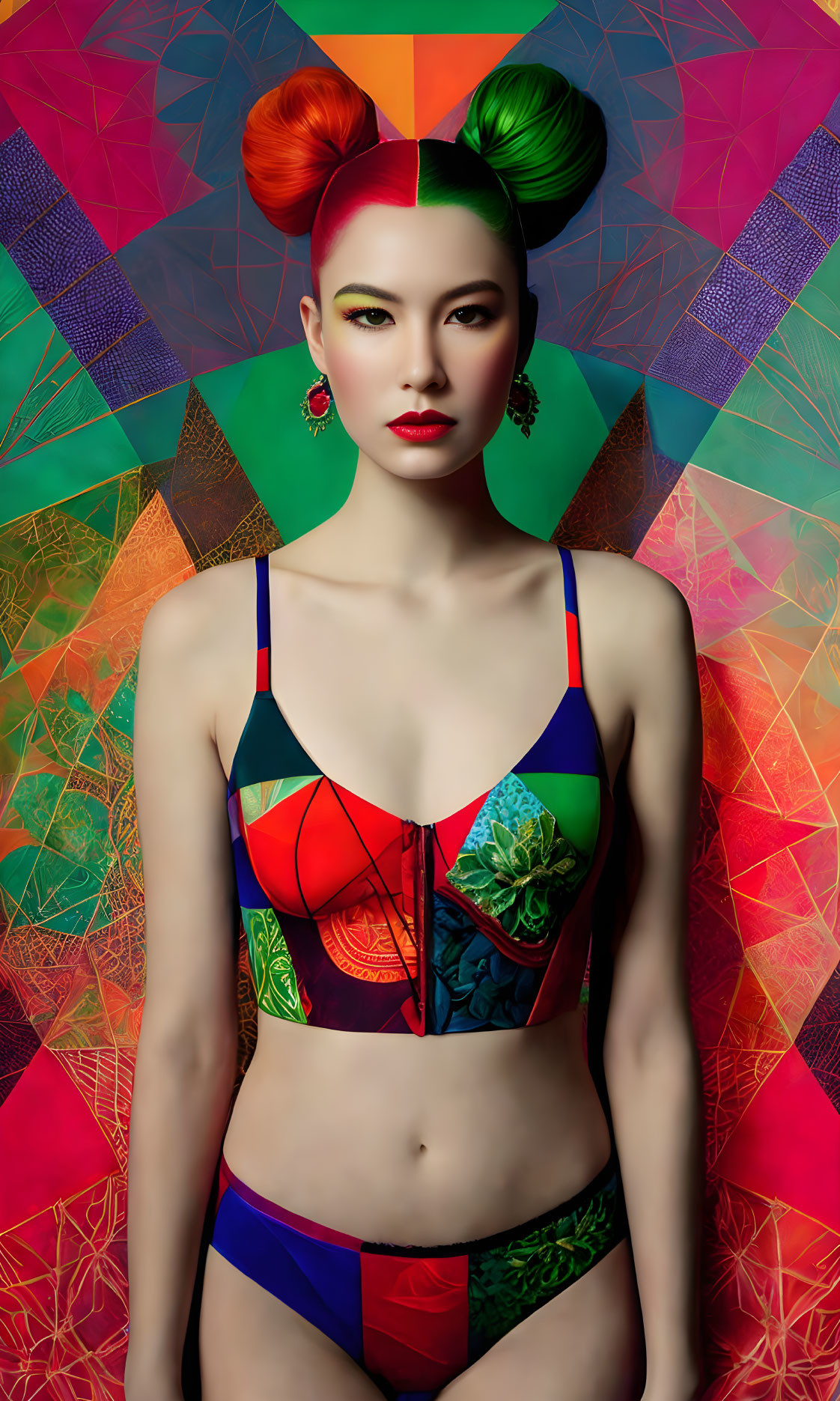 Colorful Split Hair Buns & Geometric Outfit Against Abstract Background