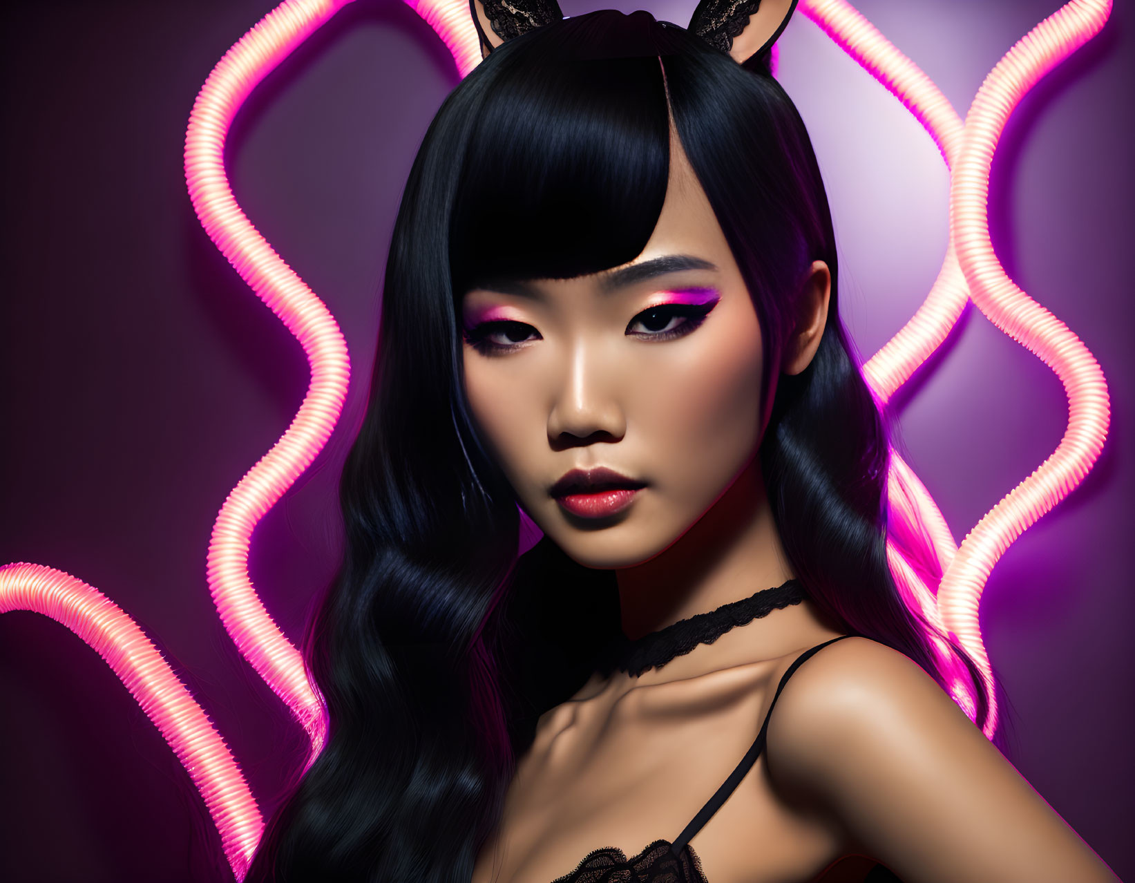 Dark-haired woman with pink eyeshadow and bunny ears in neon-lit 3D illustration