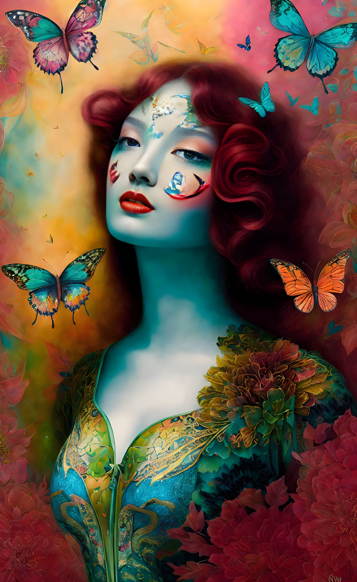 Vibrant portrait of woman with red hair, blue skin, butterfly motifs, and colorful flowers