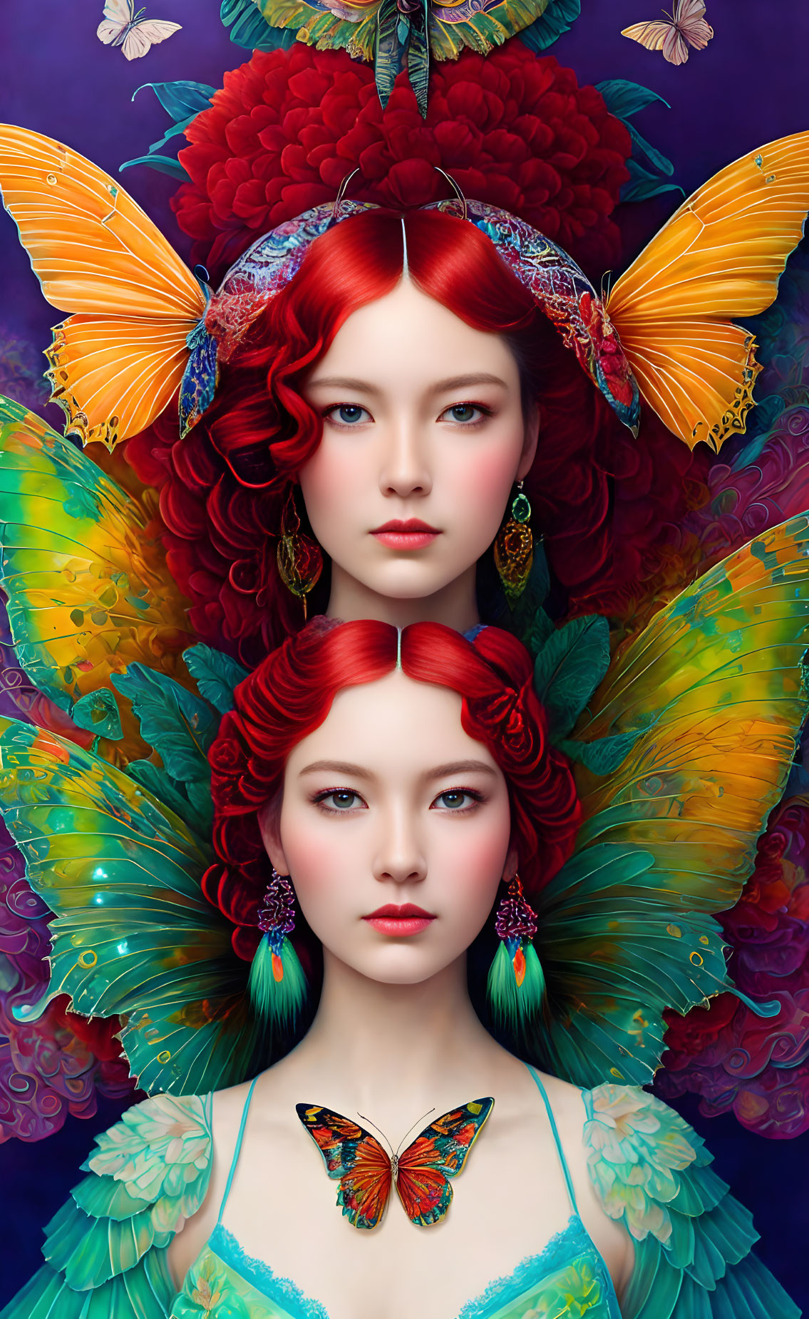 Digital Artwork: Two Women with Red Hair and Butterfly Wings on Dark Blue Background