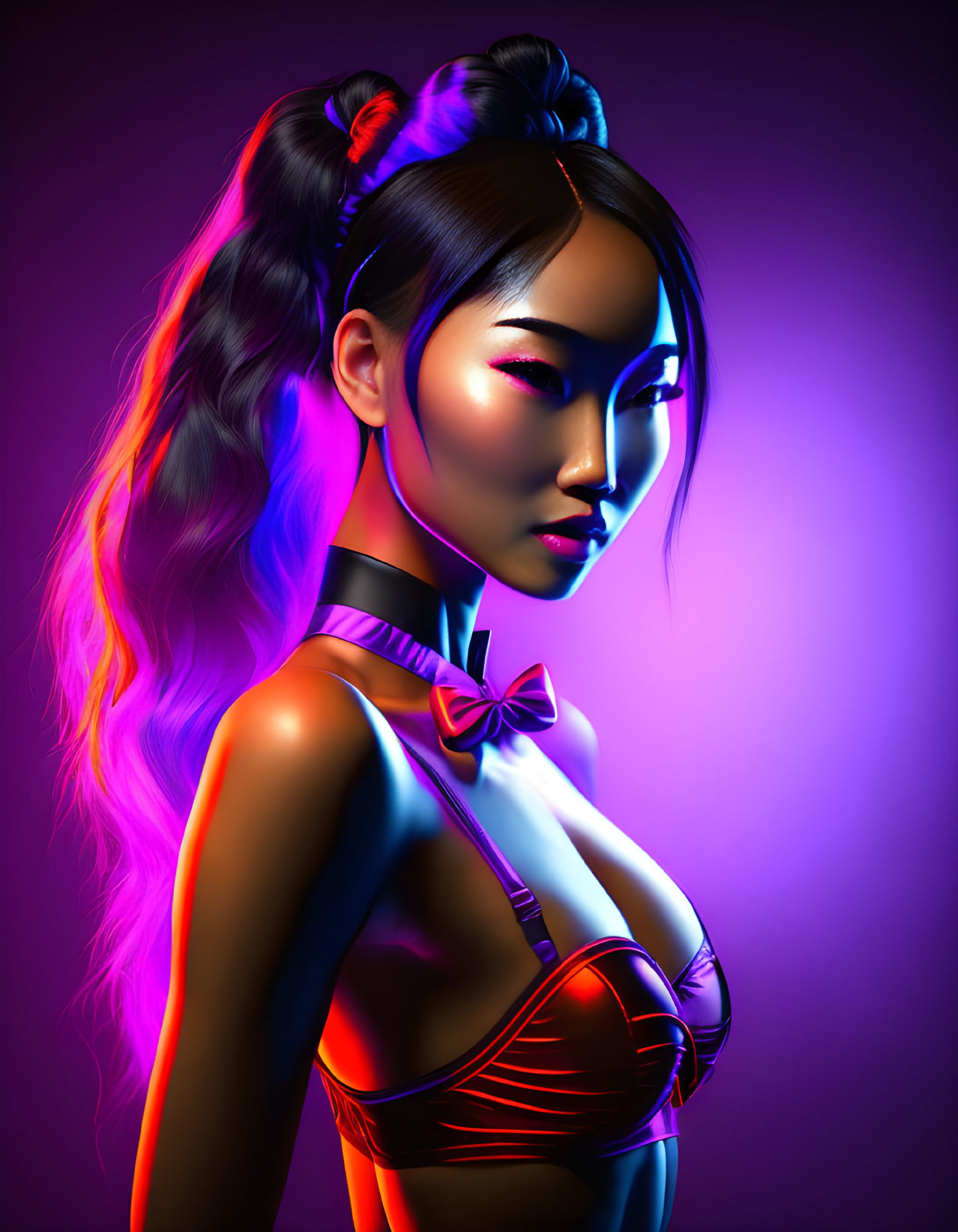 Vibrant digital artwork: woman with ponytail, bold makeup, red top, purple backdrop