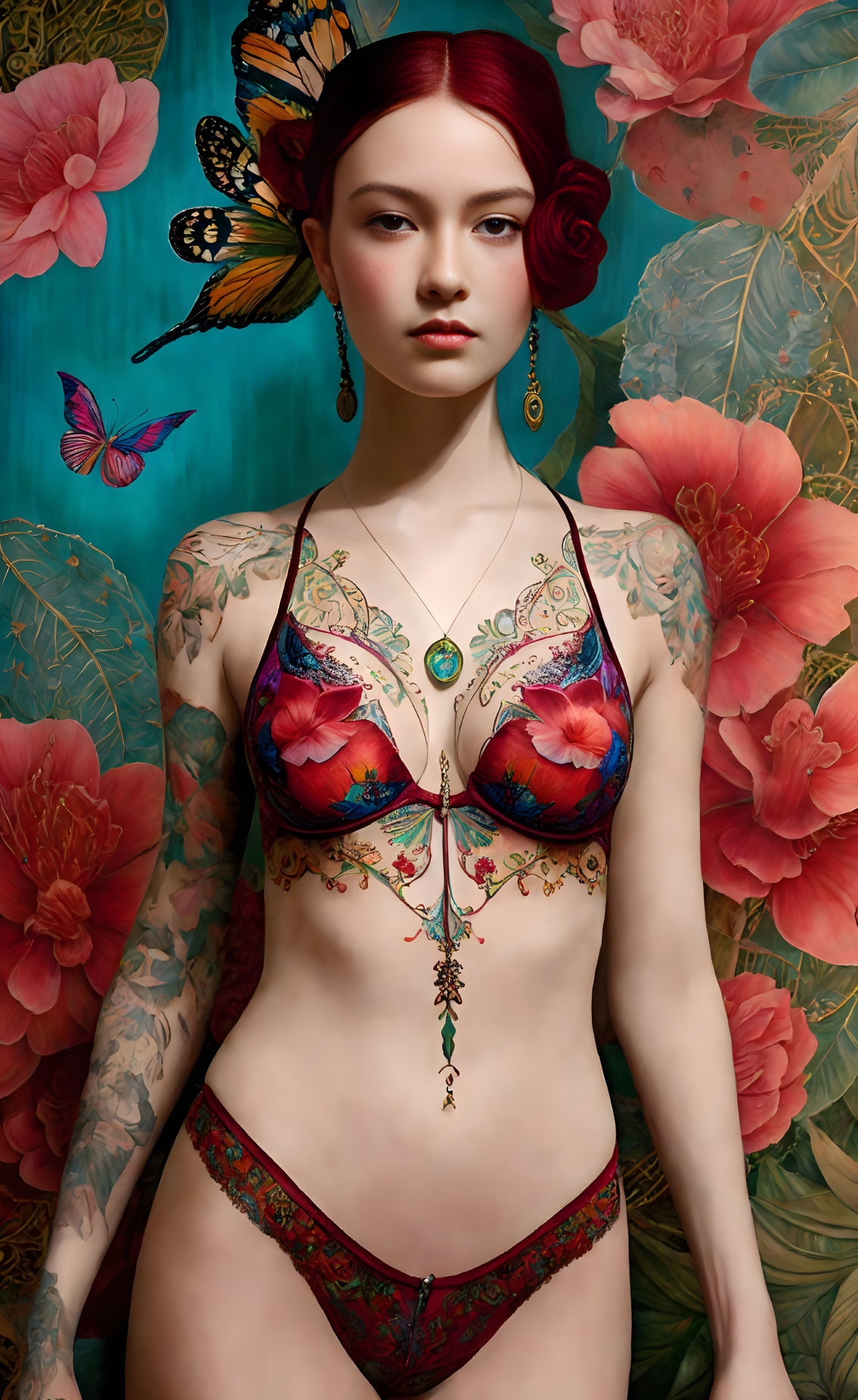 Red-haired woman with floral tattoos and jewelry against blue backdrop with butterflies and flowers