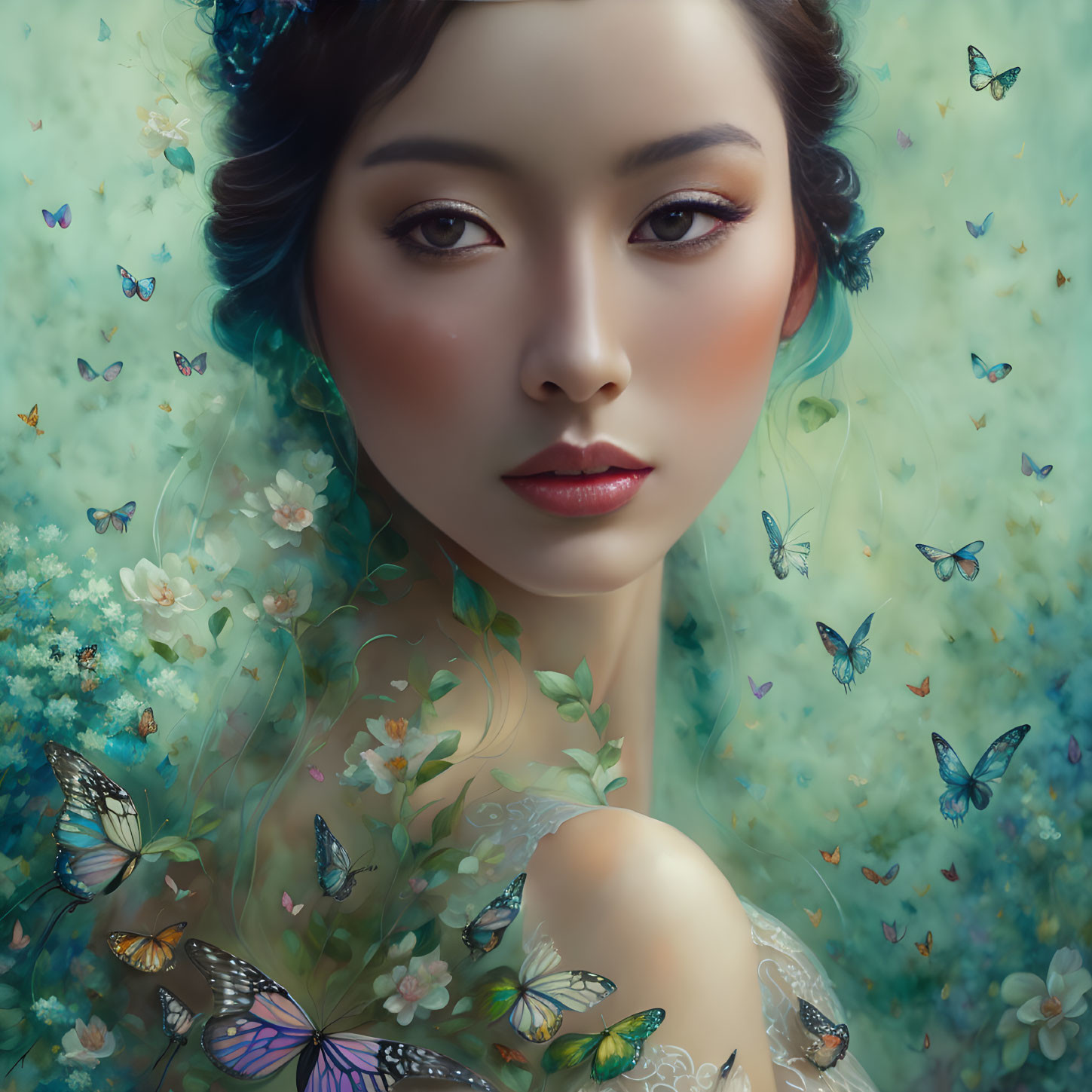 Stylized portrait of woman with butterflies and floral patterns