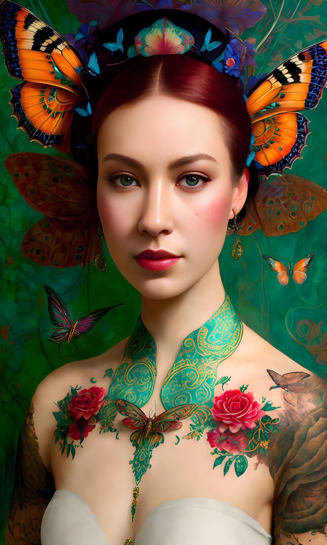 Red-haired woman with tattoos adorned with colorful butterflies and floral patterns on green backdrop