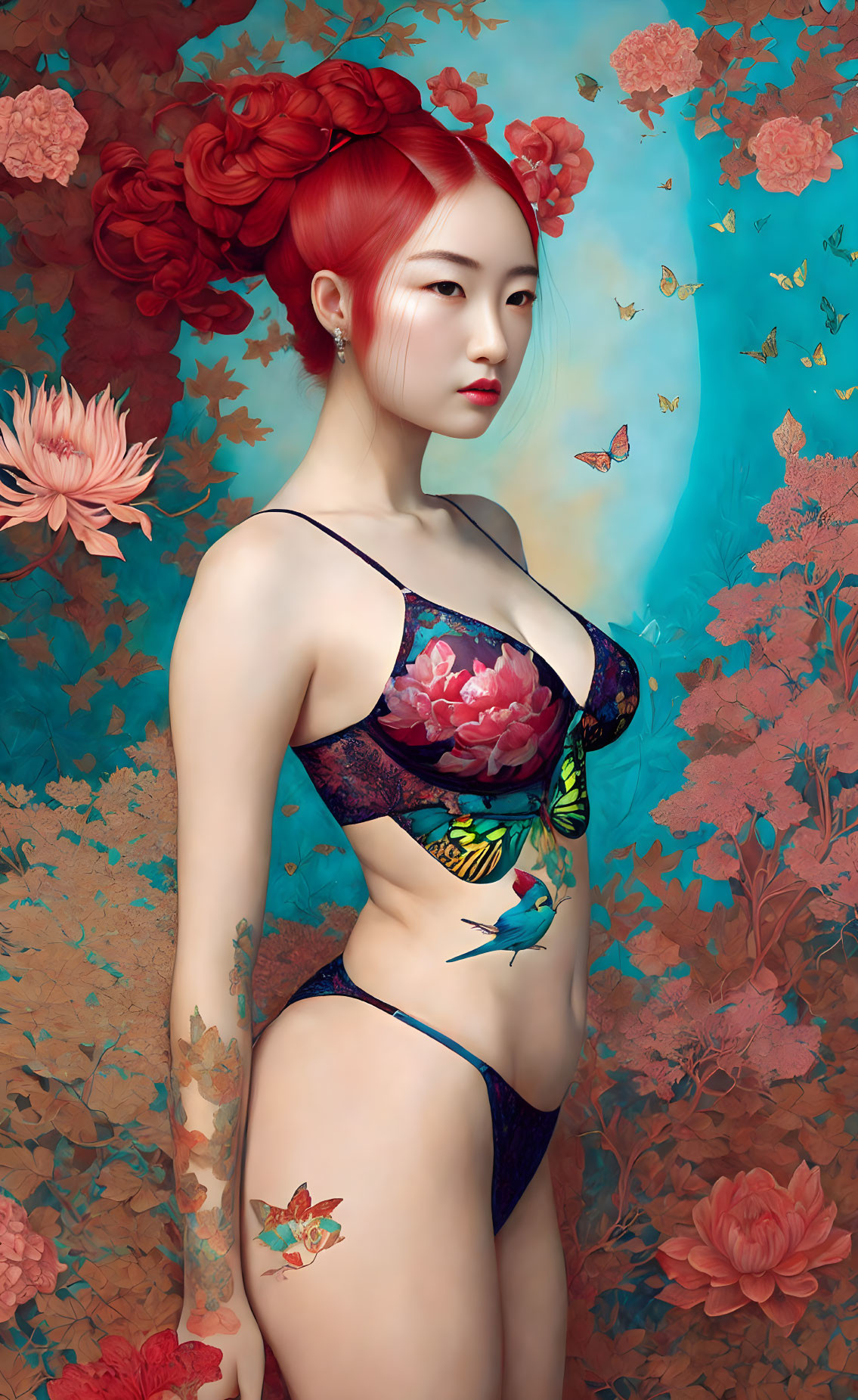 Red-Haired Woman in Floral Bikini Against Blue Background