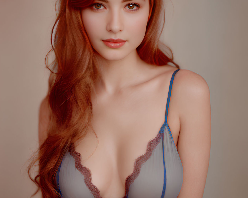 Red-Haired Woman in Blue Lace Bra on Tan Background