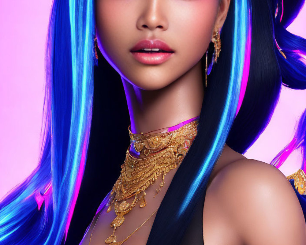 Vibrant blue-haired woman with gold jewelry and pink makeup on pink background